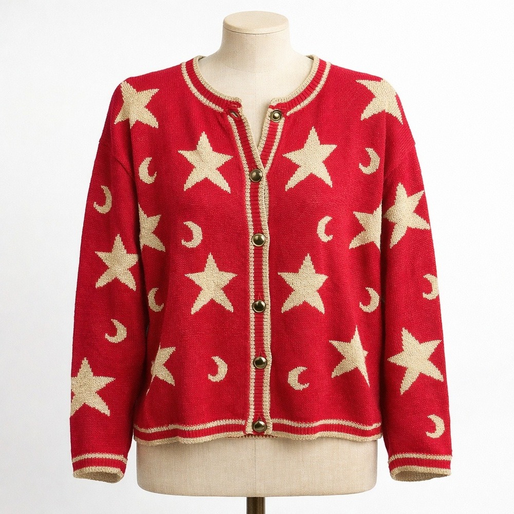 Vintage Y2K Celestial Star Moon Button Cardigan Sz L Red Gold Boho Indie Zodiac